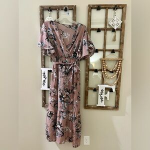 Dusty Rose Floral Wrap Maxi Dress with Self Tie
